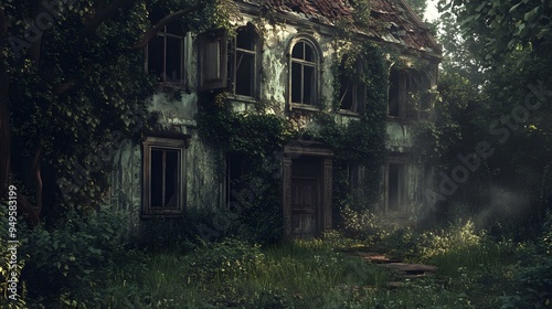 A haunted house with broken windows and overgrown vines