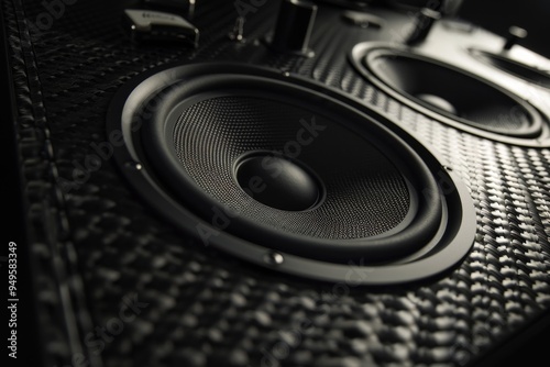 Two modern speakers placed on a table, ready to deliver crystal-clear audio, State-of-the-art sound system for crystal-clear audio photo
