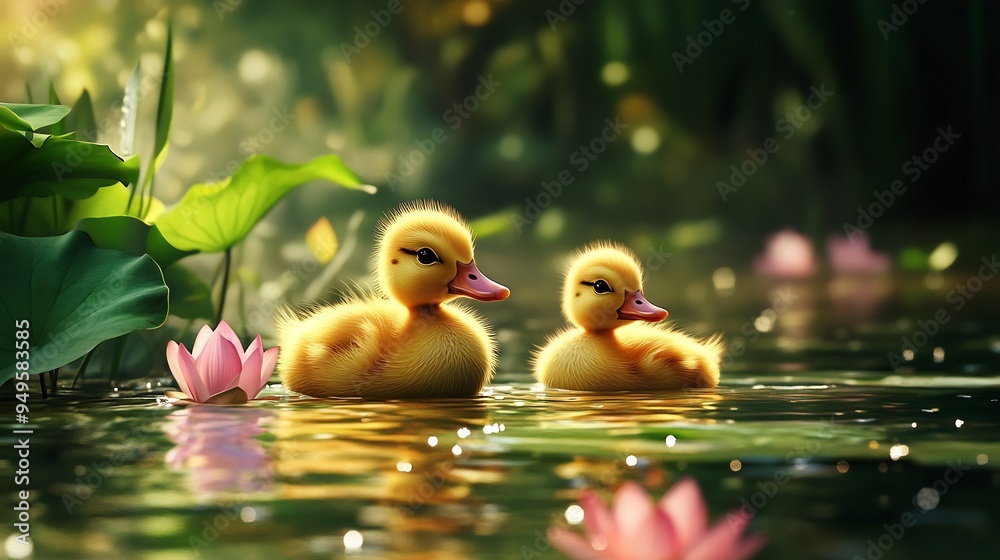 Two Ducklings Swimming in a Pond with Lotus Flowers Two Ducklings Swimming in a Pond with Lotus Flowers