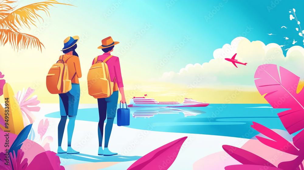 Two travelers enjoying a scenic view of a tropical beach with a cruise ship and airplane in the sky during a sunny day Two travelers enjoying a scenic view of a tropical beach with a cruise ship and airplane in the sky during a sunny day