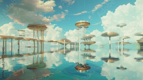 Futuristic city built on stilts above a calm, blue ocean with a cloudy sky. photo