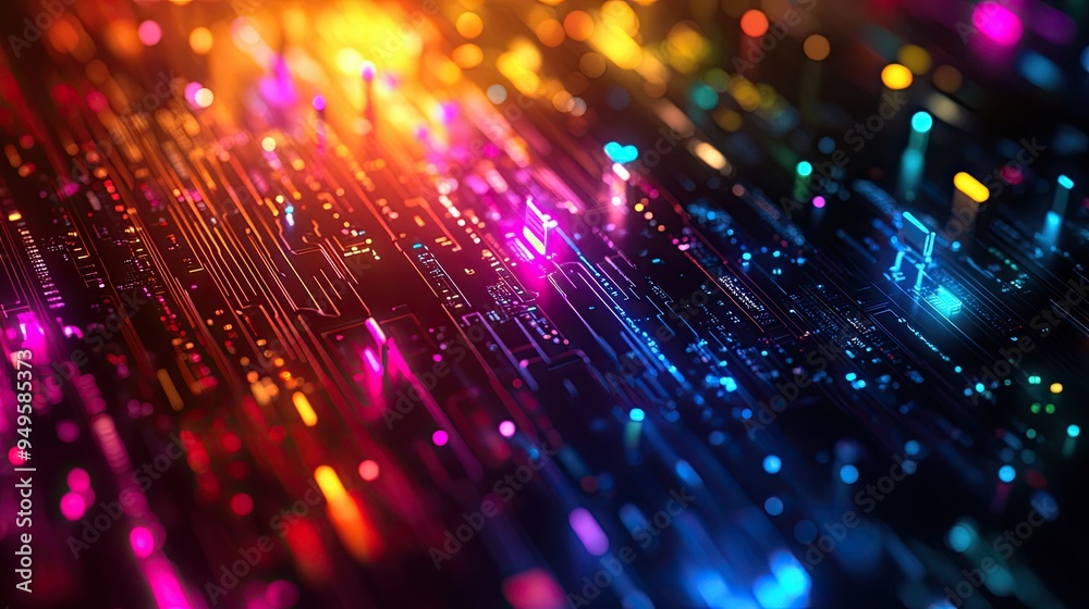 Fototapeta premium An abstract representation of a microprocessor, with its surface covered in complex patterns of tiny transistors and connectors, illuminated by a subtle green and gold glow.