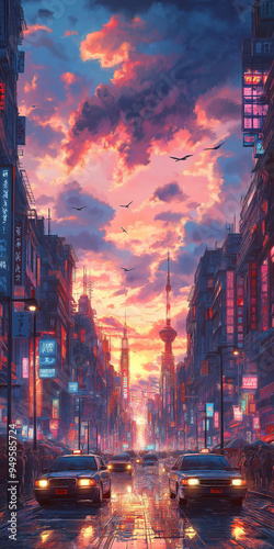 Vibrant City Street at Sunset