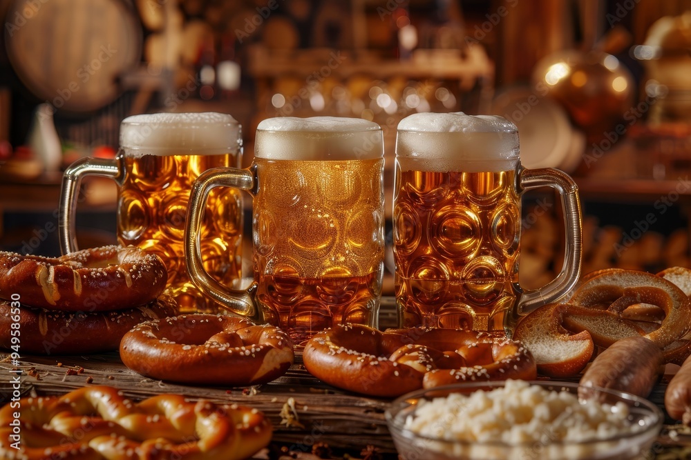 A table adorned with steins filled with beer and pretzels, creating a festive and inviting atmosphere, Steins overflowing with frothy beer, surrounded by pretzels and sausages A table adorned with steins filled with beer and pretzels, creating a festive and inviting atmosphere, Steins overflowing with frothy beer, surrounded by pretzels and sausages