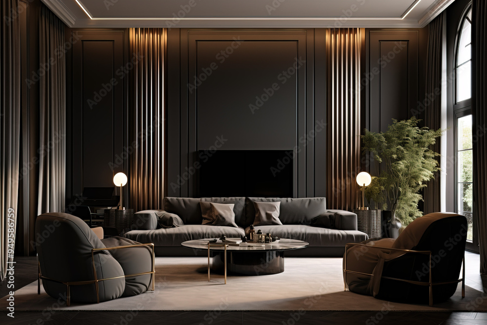Fototapeta premium Modern Living Room Interior Design with Black and Gold Accents