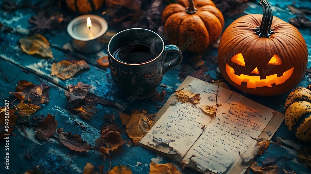 Spooky Halloween Still Life with Jack-O'-Lantern and Warm Drink Spooky Halloween Still Life with Jack-O'-Lantern and Warm Drink