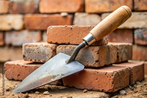 a photo image of a worn, flat-tipped trowel made of durable metal, resting on a stack of dusty, weathered bricks