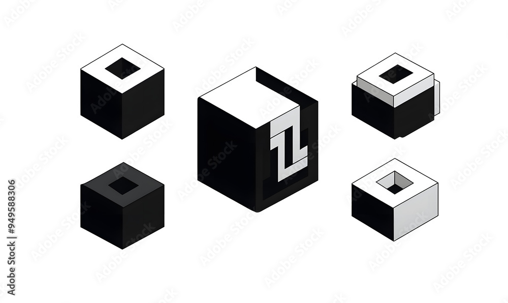 Black and white Cube logo, geometric vector design. Set box logotype company, trendy techno emblem in isometric 3D style. Black and white Cube logo, geometric vector design. Set box logotype company, trendy techno emblem in isometric 3D style.