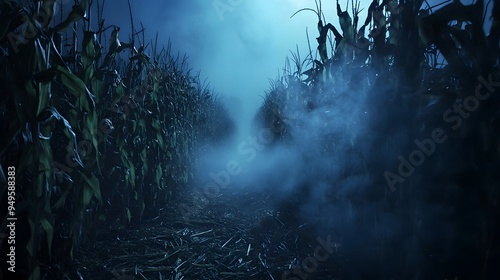 A haunted corn maze with eerie lights and fog photo