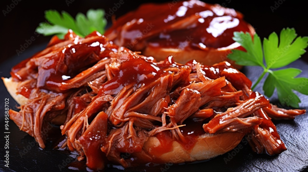 Close-up of Pulled Pork Sandwich with BBQ Sauce Close-up of Pulled Pork Sandwich with BBQ Sauce