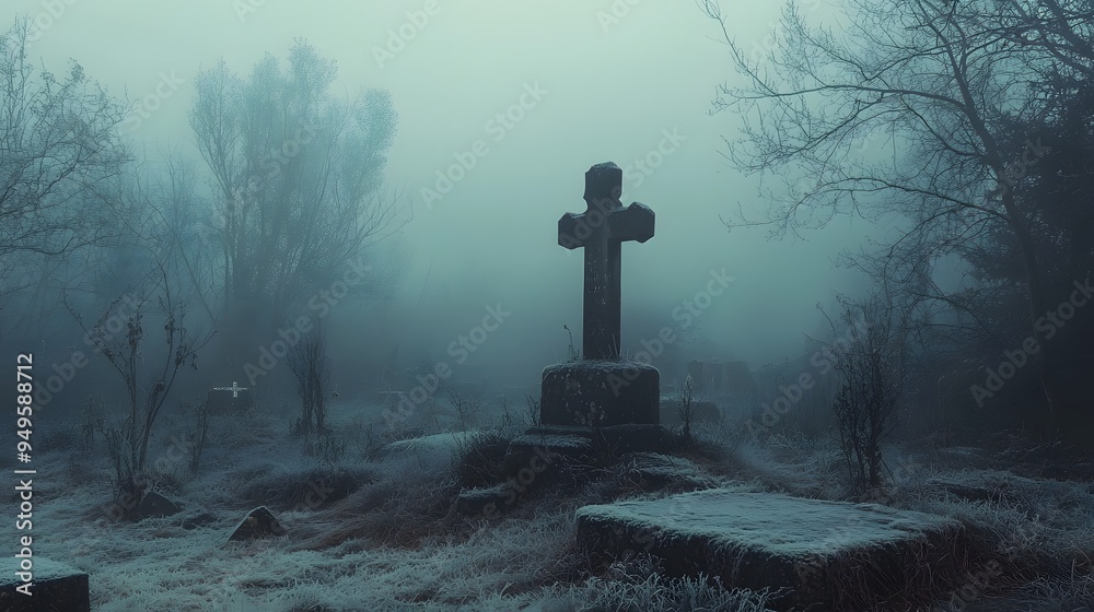 A foggy graveyard with an old, crumbling tombstone A foggy graveyard with an old, crumbling tombstone