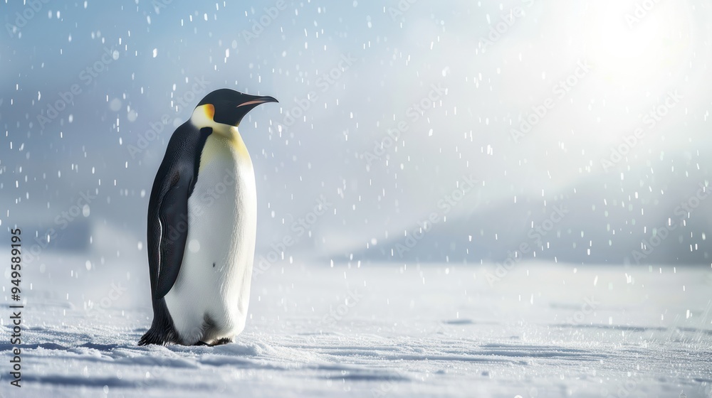 Fototapeta premium Emperor penguin standing majestic in bright Arctic landscape, pristine snow-covered ground, soft diffused sunlight, crystal clear air, light snowfall, pale blue sky
