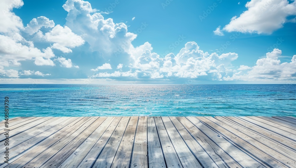 Wooden Deck Overlooking a Blue Ocean with White Clouds Wooden Deck Overlooking a Blue Ocean with White Clouds