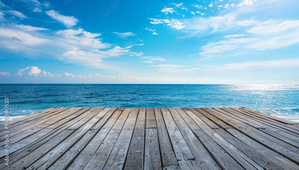 Wooden Plank Pathway Leading to the Ocean Under a Blue Sky with White Clouds Wooden Plank Pathway Leading to the Ocean Under a Blue Sky with White Clouds