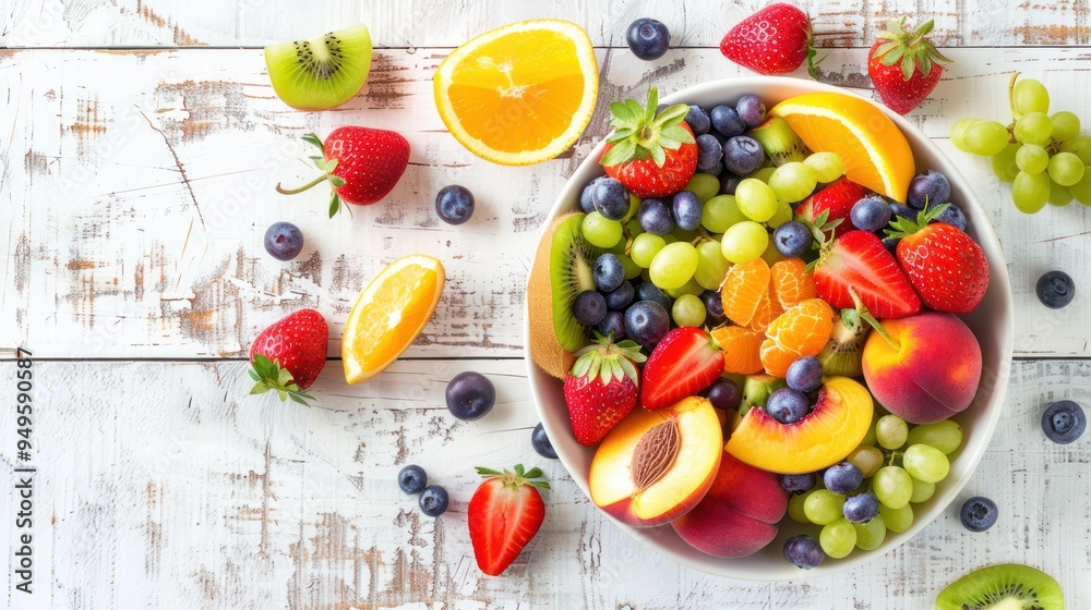 Fresh colorful fruits on white wooden table, berries and citrus, rustic bowl filled with peaches and grapes, sliced kiwi and orange, strawberries and blueberries scattered. Fresh colorful fruits on white wooden table, berries and citrus, rustic bowl filled with peaches and grapes, sliced kiwi and orange, strawberries and blueberries scattered.