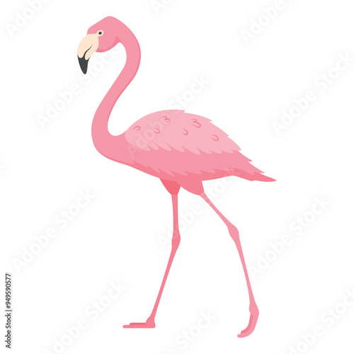 A solitary pink flamingo standing elegantly on a plain background, showcasing its long legs and distinctive features