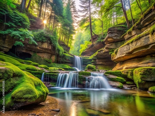 Photo image of serene waters cascading down moss-covered rocks, surrounded by lush greenery and towering trees in the heart of Hocking Hills. photo