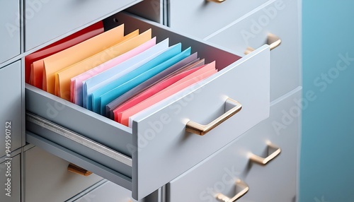 open storage cabinet drawer with multicolored folders of many paperwork documents