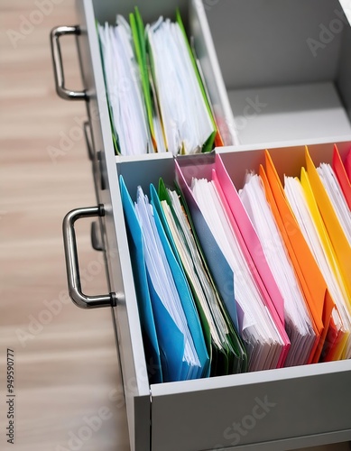 open storage cabinet drawer with multicolored folders of many paperwork documents