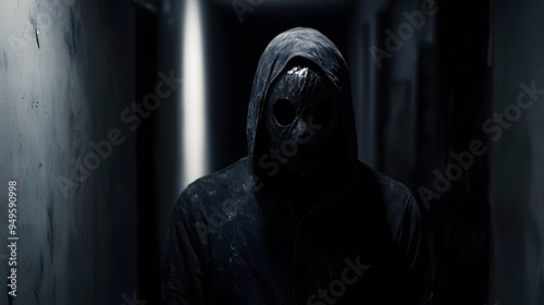 A creepy figure in a mask standing in the shadows