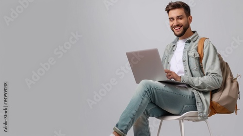 Full length happy young man sit in bag chair unboxing new laptop on transparency background PSD