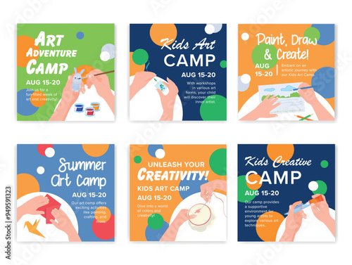 Banners inviting to classes at an art camp for children, including creative master classes in painting and drawing during the summer holidays.