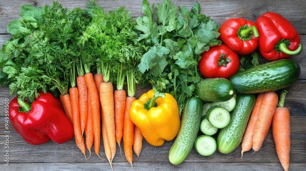 Colorful array of fresh vegetables including bell peppers, carrots, tomatoes, and cucumbers on a rustic wooden background. Colorful array of fresh vegetables including bell peppers, carrots, tomatoes, and cucumbers on a rustic wooden background.