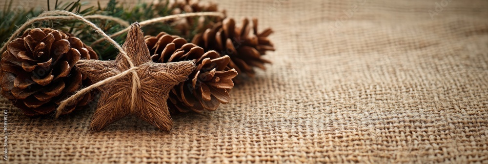 Rustic Christmas background with pinecones and twine stars on a burlap surface Rustic Christmas background with pinecones and twine stars on a burlap surface