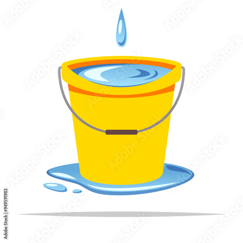 Roof leaking water dripping into bucket vector isolated illustration