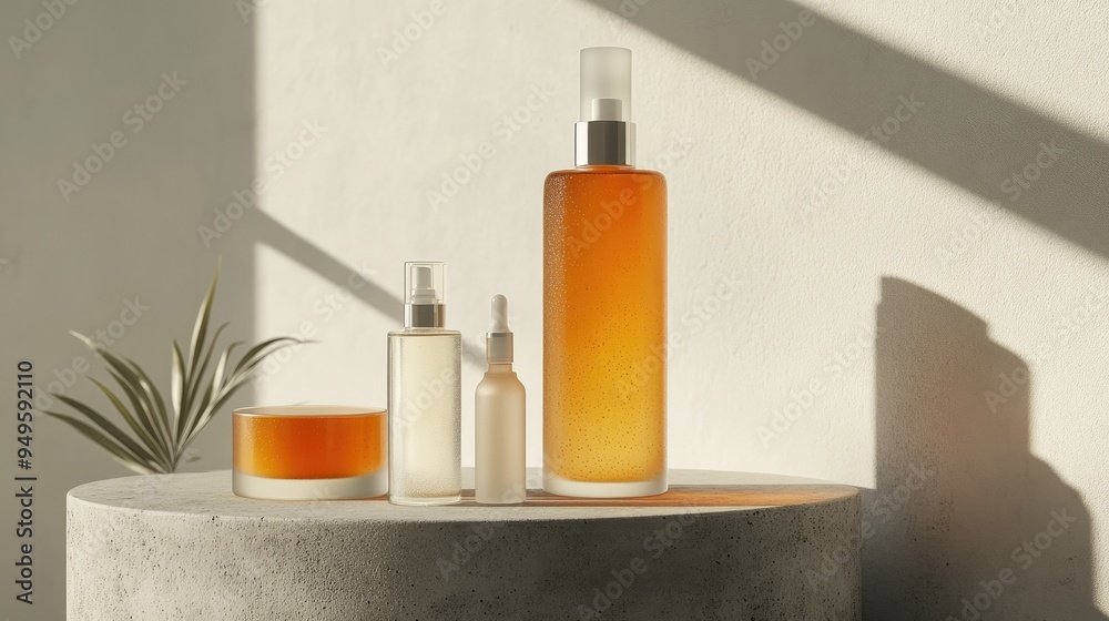 Glass bottles with pipettes, placed on a concrete podium. Skin care products with a gradient from brown to orange. Includes transparent essence, water toner, and scrub. Glass bottles with pipettes, placed on a concrete podium. Skin care products with a gradient from brown to orange. Includes transparent essence, water toner, and scrub.