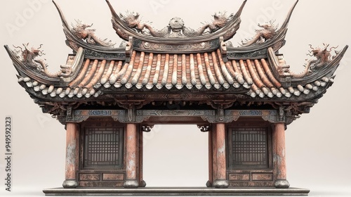 Ancient Chinese pagoda, detailed roof tiles, and dragon motifs, 3D model photo