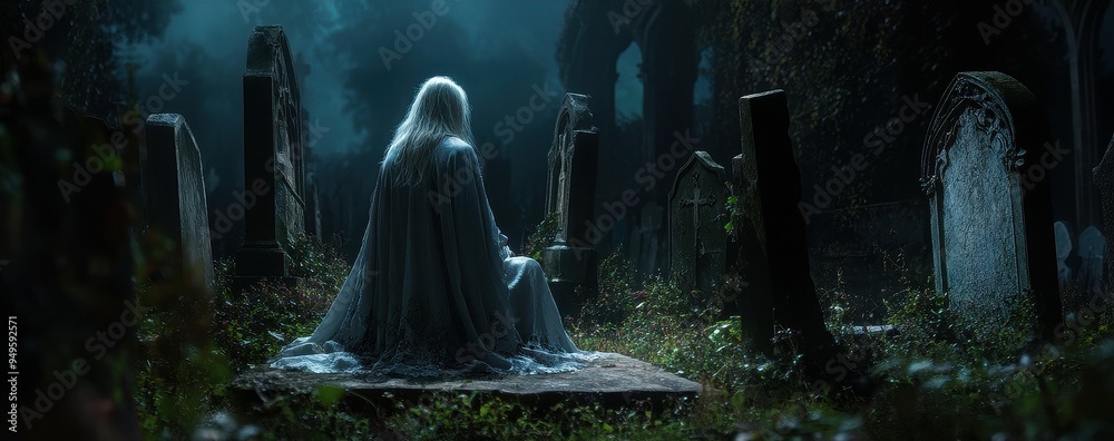 Mysterious Figure in Cloak Sitting in an Overgrown Graveyard at Night with Moonlight Mysterious Figure in Cloak Sitting in an Overgrown Graveyard at Night with Moonlight