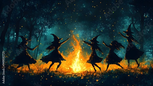 A group of witches dancing around a fire in the woods