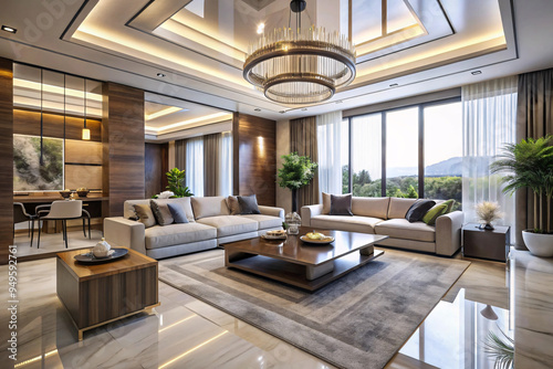 A contemporary living room showcasing a square wooden coffee table, plush sofas, and a blend of modern and natural decor elements photo