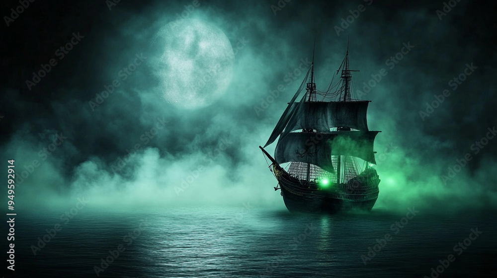 Fototapeta premium A ghostly pirate ship sailing through misty moonlit sea creates an eerie atmosphere.