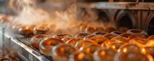 Freshly Baked Pretzels with Steam Rising from Cooling Rack photo