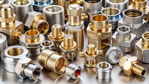 a photo image of a collection of various plumbing connectors including male and female fittings, couplers, and adapters in different shapes and sizes