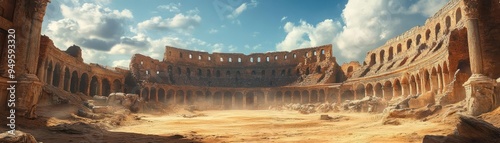 Ancient Roman coliseum, crumbling stone, sandy arena, and audience stands, 3D game design