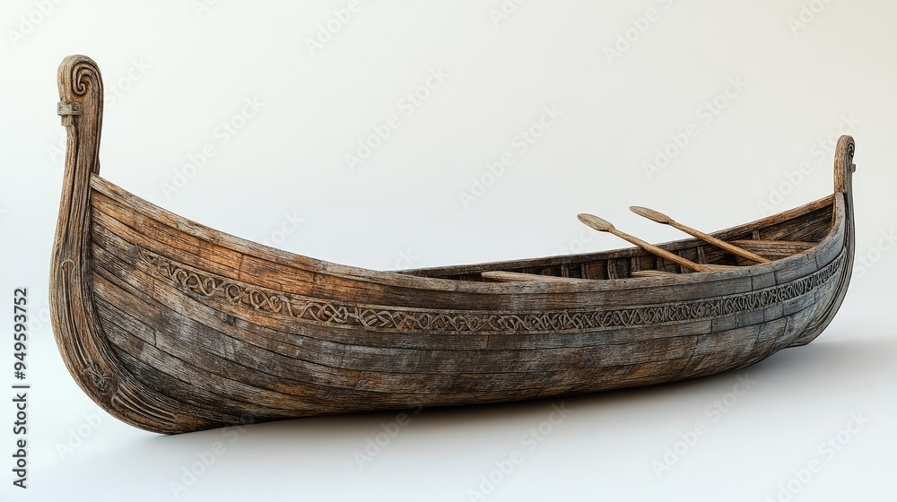 Ancient Viking longboat with detailed carvings and oars, weathered wood, 3D model Ancient Viking longboat with detailed carvings and oars, weathered wood, 3D model