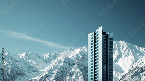 Stunning widescreen desktop wallpaper showcasing a majestic mountain range framed perfectly by modern skyscrapers: a breathtaking blend of urban architecture and natural wonders