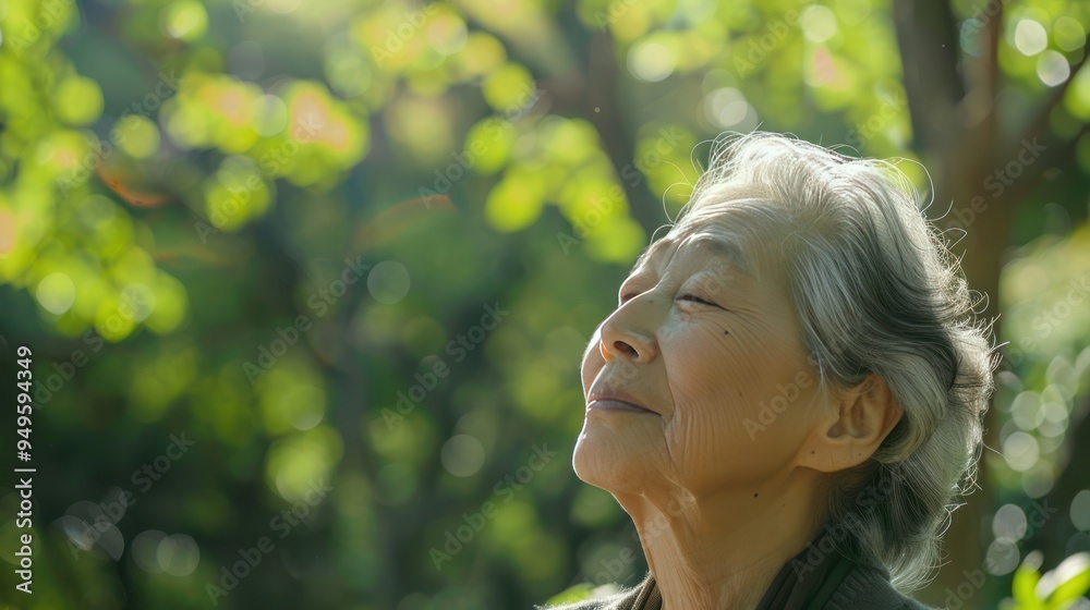 Japanese elderly woman breathing a fresh air in the park, meditation