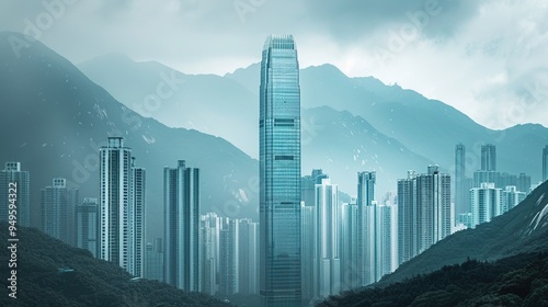 Stunning widescreen desktop wallpaper showcasing a majestic mountain range framed perfectly by modern skyscrapers: a breathtaking blend of urban architecture and natural wonders