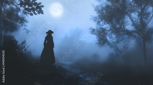 A spooky, foggy night with a silhouette of a witch