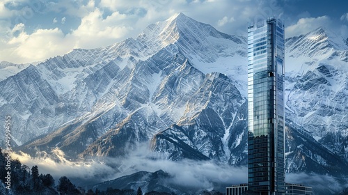 Stunning widescreen desktop wallpaper showcasing a majestic mountain range framed perfectly by modern skyscrapers: a breathtaking blend of urban architecture and natural wonders