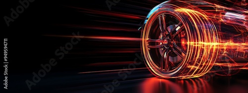 A Black Car Wheel with Orange and Red Light Trails photo