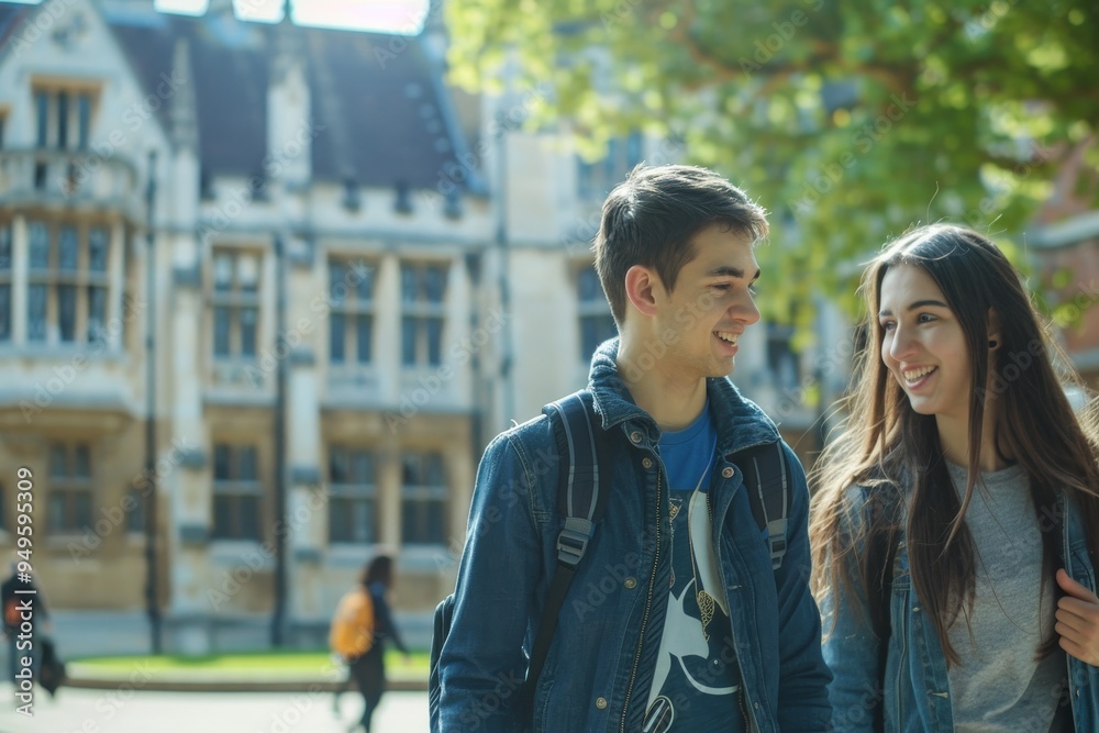 A man and a woman stand next to each other in front of a building on a college campus, Students chatting as they walk across a college campus A man and a woman stand next to each other in front of a building on a college campus, Students chatting as they walk across a college campus