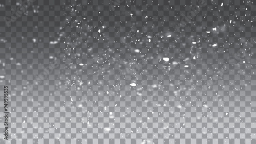Flying dust particles on a black background. High quality photo. Vector falling snow overlay. Realistic shining snowfall background