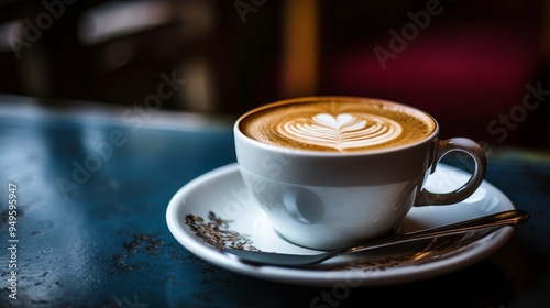 Close-up of a perfectly crafted latte art in a white cup