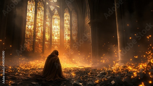 Mysterious Hooded Figure in a Ruined Cathedral with Glowing Stained Glass Windows and Fiery Embers