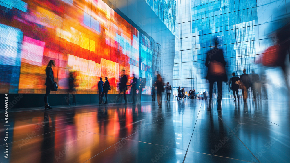 An urban hub bustling with people amid vibrant light displays in a modern office building during the day An urban hub bustling with people amid vibrant light displays in a modern office building during the day